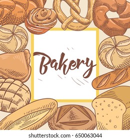 Bakery Hand Drawn Design with Different Fresh Bread and Loaf. Vector illustration