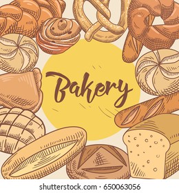 Bakery Hand Drawn Design with Different Fresh Bread and Loaf. Vector illustration