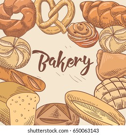 Bakery Hand Drawn Design with Different Fresh Bread and Loaf. Vector illustration