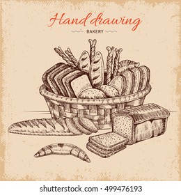 Diseño de panadería con productos de harina en cesta de mimbre sobre la ilustración portadora de fondo beige