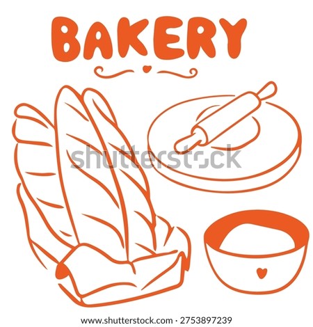 Bakery hand drawn doodle with baguette rolling pin dough bowl baking illustration