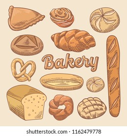 Bakery Hand Drawn Doodle with Different Bread. Vector illustration