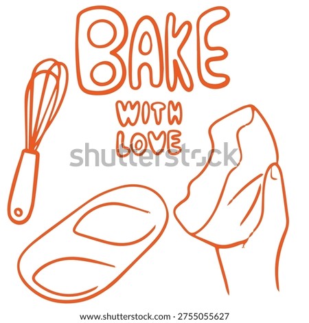 Bakery hand drawn doodle with dough whisk hands and bake with love lettering