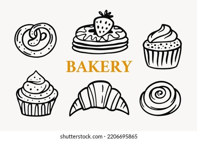 Bakery Hand drawn icon set. Pastries cafeteria elements collection. Thin line art logotype sign. Fresh dessert cupcake, croissant linear symbols. Vector illustration