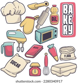 conjunto de iconos dibujados a mano en panadería, icono de caricatura en panadería