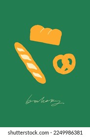 Bakery hand drawn illustrated card. Flat vector bakery products, baguette, bread, pretzel