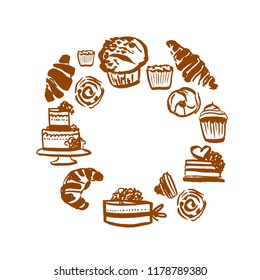 Bakery hand drawn illustration. Cake set. Logo design