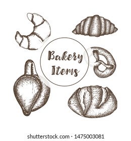 Bakery with hand drawn items. Sketched vector objects. Isolated vector bread items on white background