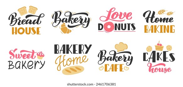 Bakery hand drawn lettering. Pastry bread hand drawn lettering labels, baking foods badges. Selling fresh croissants, cakes and bread, logo for shop. Confectionery, home made desserts vector set