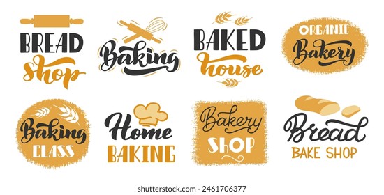 Letras dibujadas a mano de panadería. etiquetas de restaurantes, cafés o tiendas. Pan fresco y orgánico. Logotipos de pastelería artesanal aislados en blanco. Pastelería con rodillo y Vector aislado de etiquetas de batidor