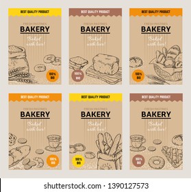 Bakery hand drawn posters. Vintage bread menu design template, sweet cookies and pies doodle sketch. Vector organic wheat flour tasty bakery traditional packaging
