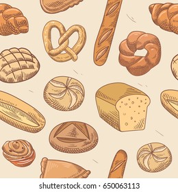 Bakery Hand Drawn Seamless Pattern. Fresh Bread and Buns Background. Vector illustration