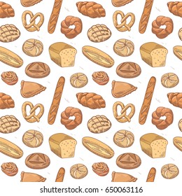 Bakery Hand Drawn Seamless Pattern. Fresh Bread and Buns Background. Vector illustration