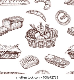 Bakery hand drawn seamless pattern with bread basket ciabatta and baguette sandwich and pretzel monochrome vector illustration