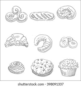 Bakery hand drawn sketches with bagel, pretzel, cake, muffin, croissant and donut 