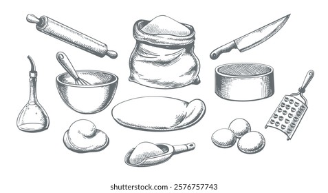 Bakery hand drawn sketches. Wood roll kitchen knife dough sack sieve grater whisk isolated vector illustration