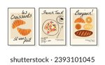Bakery hand drawn vector illustration in a poster frame with french quotes 'Croissants. Please' and 'Good morning! Parisian Bakery'. Art for poster design, postcards, branding, background.