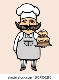 Bakery. Hand Drawn Vector Illustration Of Chef-cooker With A Mustache And Cake. Chef Cake Logo. Confectionery Logo