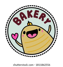 Bakery hand drawn vector logo illustration in cartoon doodle style bread cheerful smiling