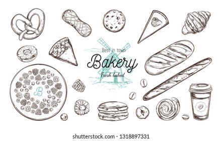 Bakery  hand drawn vector top view illustration, collection.  Hand drawn sketch with bread, pastry, sweets, cakes, coffee and croissant. Isolated objects