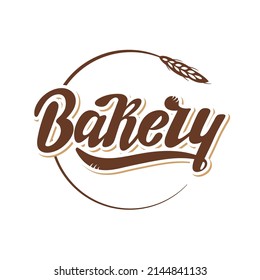 Bakery, hand lettering logotype. Brown letters on the white background with a shadow inside the grain ear. Digital lettering for package bakery shop advertising printing. Vector illustration.