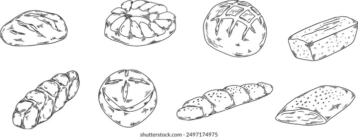 Bakery hand painted illustrations set banner black and white beige, buns, bread with crust, slice, pastry design live drawing, savory, sweet homemade pie, baguette, crumble