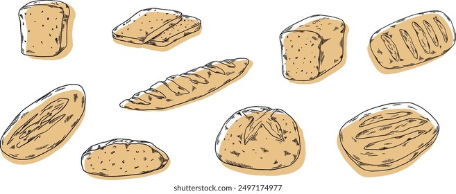 Bakery hand painted illustrations set banner black and white beige, buns, bread with crust, slice, pastry design live drawing, savory, sweet homemade pie, baguette, crumble
