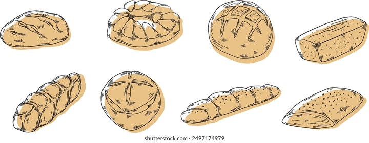Bakery hand painted illustrations set banner black and white beige, buns, bread with crust, slice, pastry design live drawing, savory, sweet homemade pie, baguette, crumble