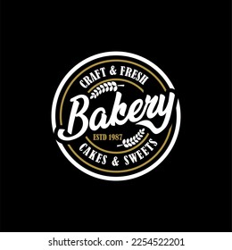 Panadería con el logo, etiqueta, placa, emblema. estilo vintage. Trigo dorado. Aislado sobre fondo blanco. Ilustración del vector, logotipo de forma circular sobre fondo negro