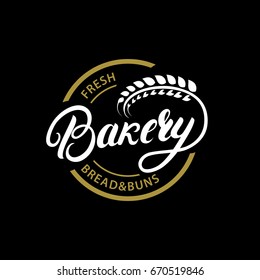 Bakery hand written lettering logo, label, badge, emblem. Vintage retro style. Ear of wheat. Isolated on background. Vector illustration.