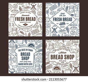 Bakery hand-drawn banners. Bread labels design templates. Bread and bakery illustrations, vector food icons