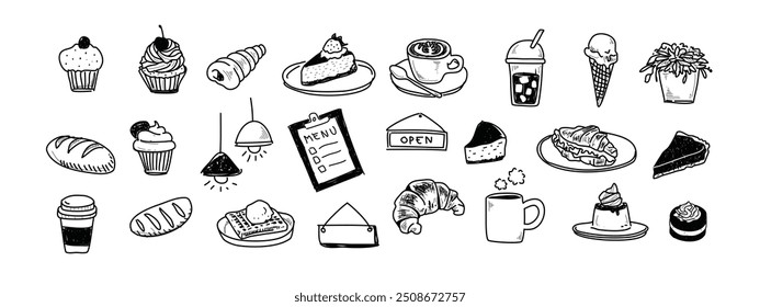 Bakery in Hand-drawn style set , Drawing of cafe elements for design menu label packaging . icons vector illustration