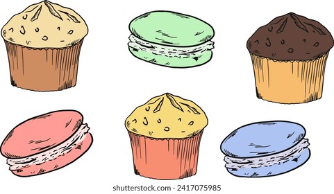 panadería ilustraciones pintadas a mano muffins y macarons dulces fiesta de cumpleaños cocina