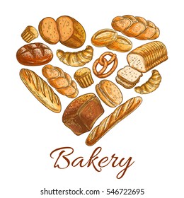 Bakery heart symbol of sketched wheat and rye bread loaf, bagel, croissant, pretzel, sweet bun, cinnamon roll, muffin, dessert pie. Bakery shop, pastry, patisserie or grocery vector poster