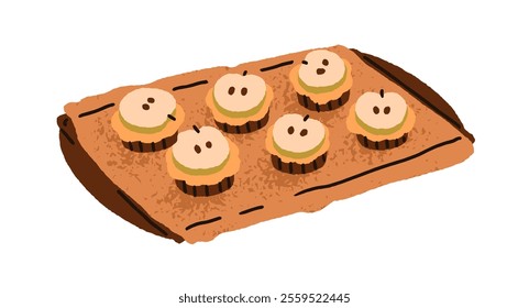 Bakery, homemade desserts on baking tray. Home cooking, apple slices on cupcakes, sweet food, snacks. Delicious fruit treats, bites at kitchen. Flat vector illustration isolated on white background