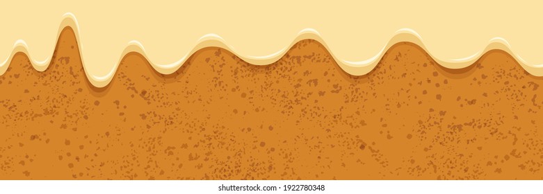 Bakery horizontal banner. Biscuit  seamless pattern with creamy glaze. Donut border with spreading sweet cream. Vector design template for banner, poster, flyer, postcard, cover,advertising