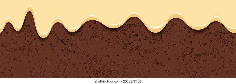 Bakery horizontal banner. Biscuit  seamless pattern with creamy glaze. Donut border with spreading sweet cream. Vector design template for banner, poster, flyer, postcard, cover,advertising