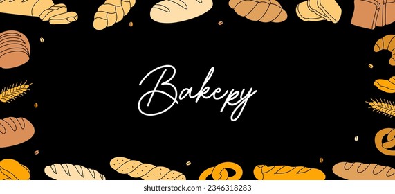 Bakery horizontal banner. Breads and pastry line background. Bakery menu illustration. Wheat bread, pretzel, ciabatta, croissant, french baguette.