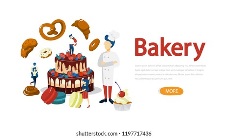 Bakery horizontal banner concept. Small people standing around giant baked food. Fresh tasty goods shop. Delicious bread, pie and dessert set. Flat vector illustration