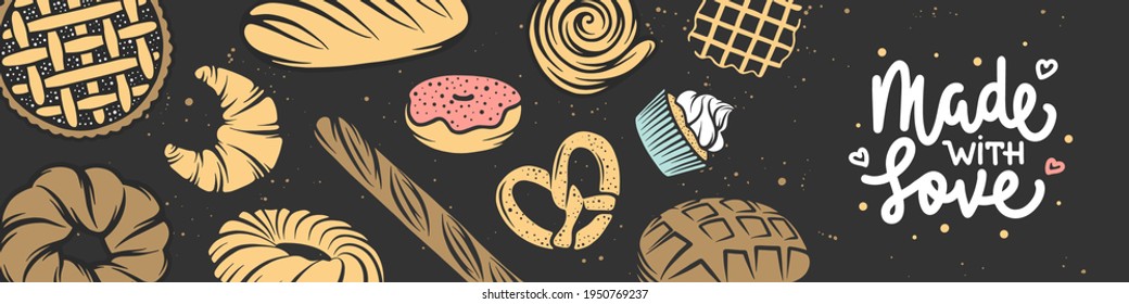 Bakery horizontal banner cover. Lettering advertising design with bread, pastry, pie, buns, sweets, cupcake. Modern hand drawn linear graphic template. Bakery shop. Made with love.