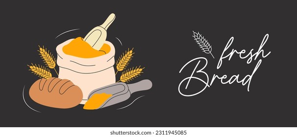 Bäckerei horizontaler Banner. Handgezeichnete Skizze mit Brot, Gebäck, süß. Weizenbrot, Bretzel, Ciabatta, Croissant, französisches Baguette.