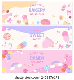 Bakery horizontal banner template. Cake, candy, donut, ice cream, and text with pastel colors.