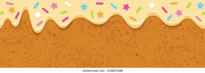 Bakery horizontal banner.Biscuit  seamless pattern with melting  donut cream and colorful sprinkles.Сupcake border texture.Vector design template for poster,flyer,postcard,cover,advertising 