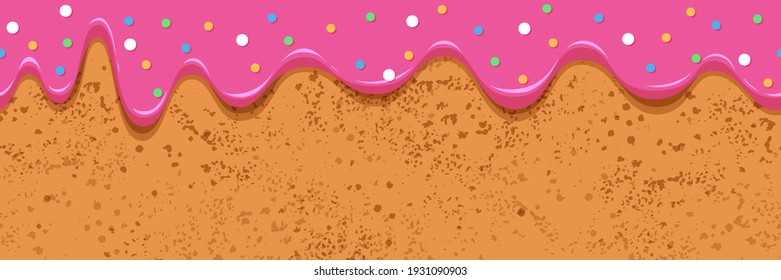 Bakery horizontal banner.Biscuit  seamless pattern with melting strawberry donut cream and colorful sprinkles.Сupcake border texture.Vector illustration for poster,flyer,postcard,cover,advertising 