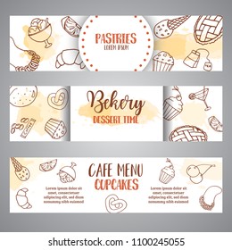Bakery horizontal banners with pastries. Sweet pastry, cupcakes, dessert posters with chocolate cake, sweets. Ice Cream Hand drawn sketch. Vector