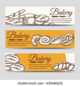 Bakery horizontal banners template. Vector banners with bun, croissant, bread etc