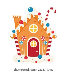 Bakery house. Christmas gingerbread. Cookies in the form of houses with candy decorations. Christmas sweets and gifts. Striped lollipops. Vector illustration