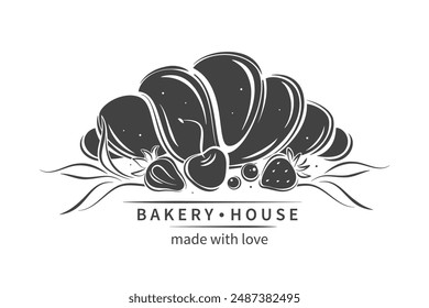 Casa de panadería. Croissant y bayas. Logotipo blanco y negro para confitería o panadería. Ilustración vectorial