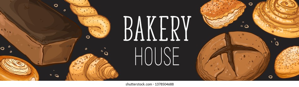 Bakery house design. Horizontal poster composition from hand drawn bread. Vector illustration for bakery shops on blackboard. Fresh bread banner concept.