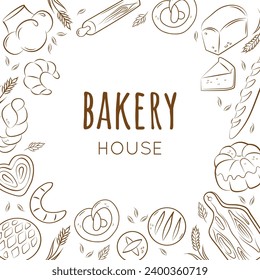 Bakery house frame. Menu. Traditional style. Bread, baguette, croissant, bun, pie. Vector Square compositionc. 